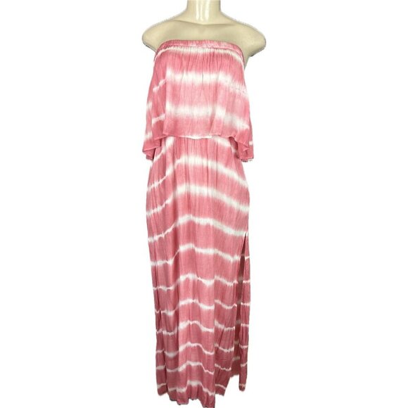 Boho Me S Pink-White Tie-Dye Front Popover Bandeau Bodice Strapless Maxi Dress - Picture 2 of 6